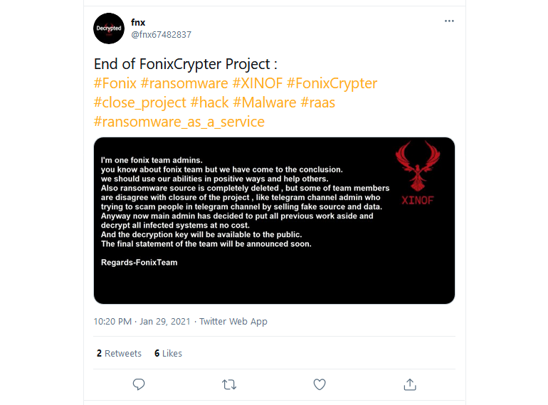 FonixCrypter: Free decryption key for victims of ransomware